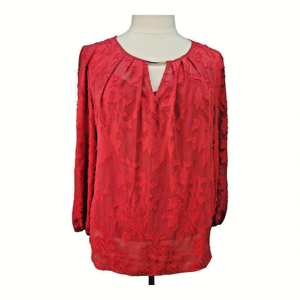 Liz Claiborne Blouse Women XL Red Sheer Lined Holiday Christmas Party Dressy Top - Picture 2 of 13
